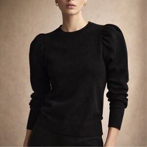 WAYF Charcoal Black Knit Puff Sleeve Sweater Size Medium